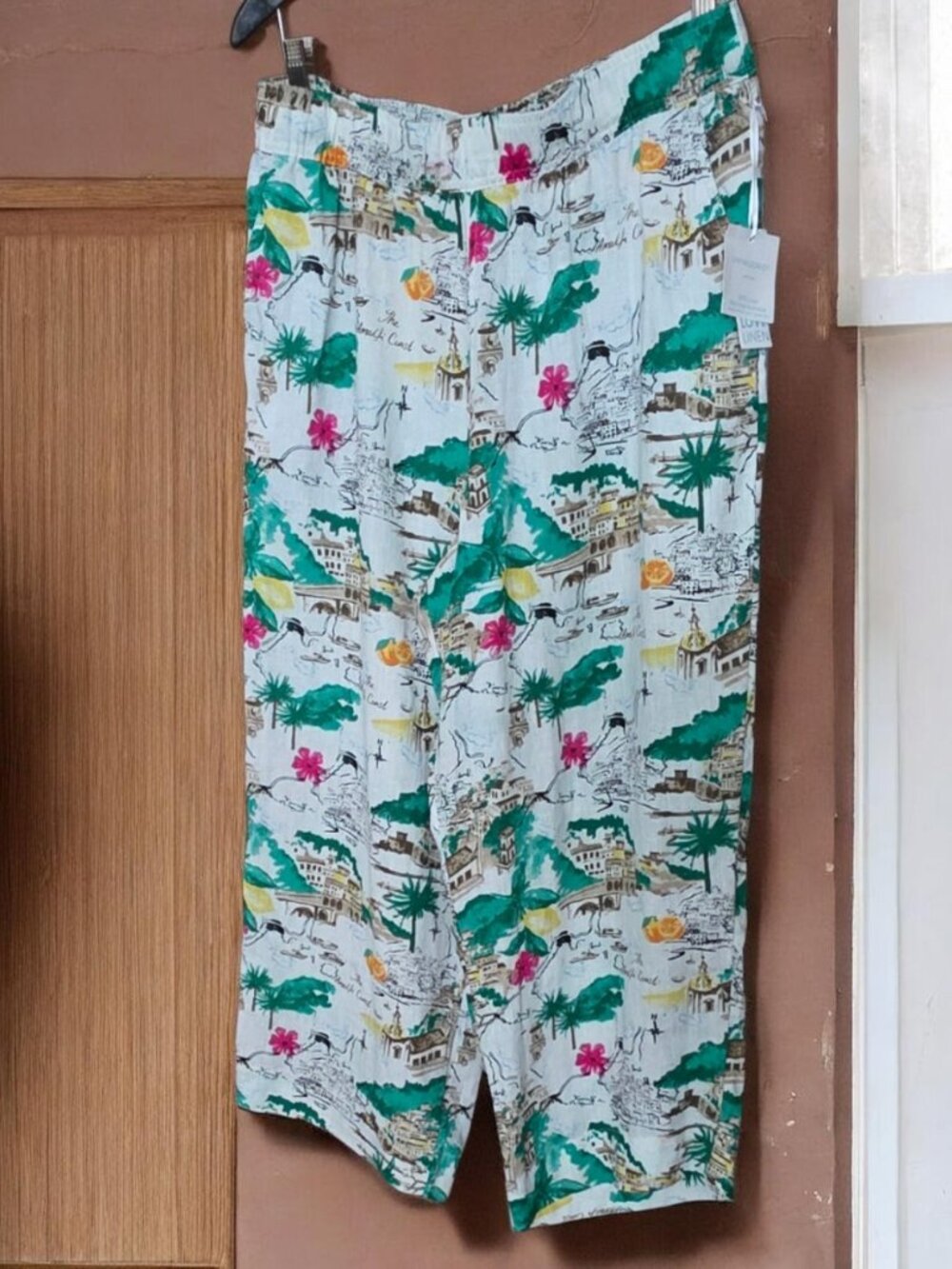 NWT CYNTHIA ROWLEY (LG) Linen Tropical Print Wide Leg Pants - Picture 4 of 8